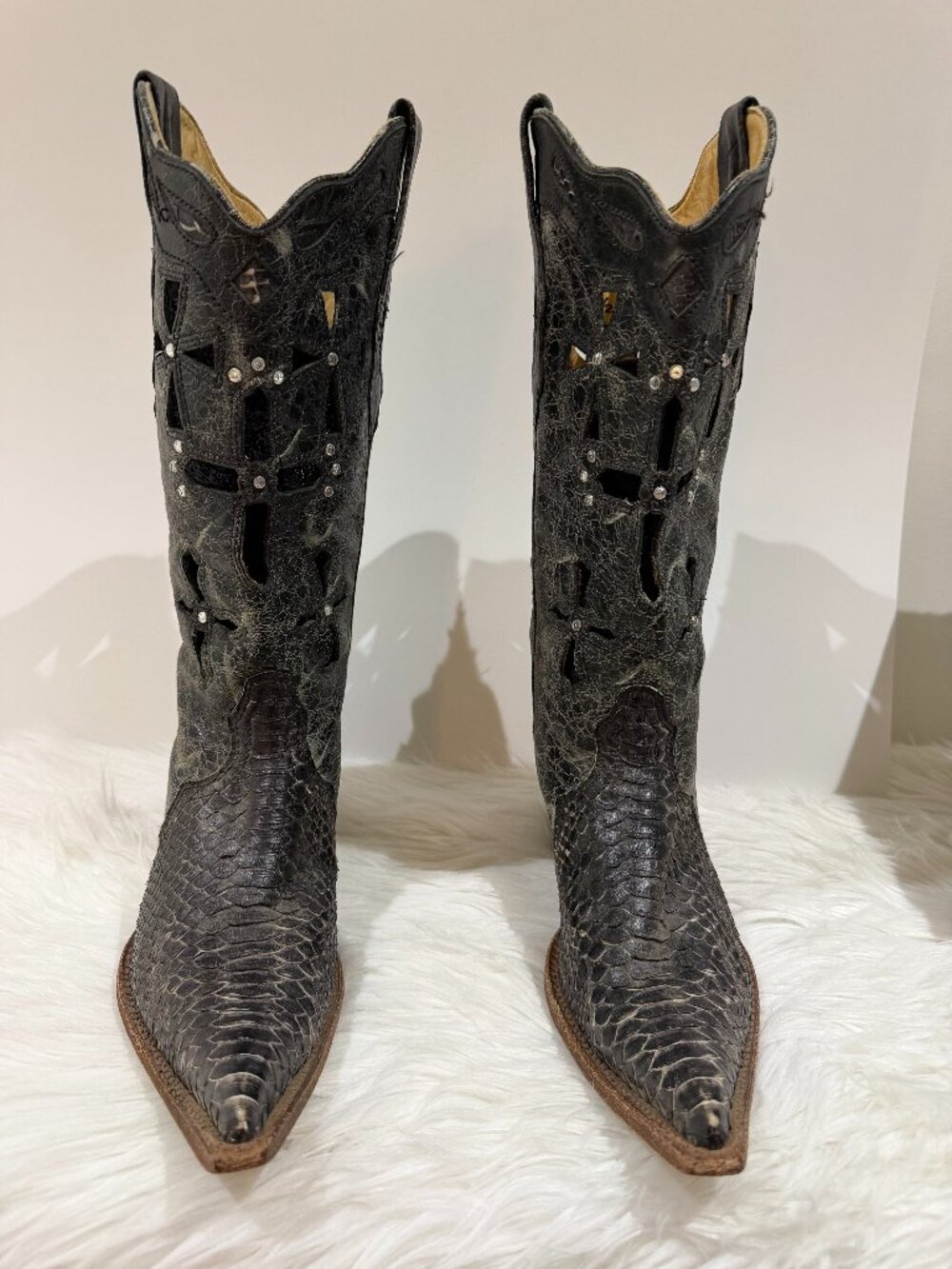 Genuine Python Western Cowboy Boots Black Cutout Rhinestone 8.5